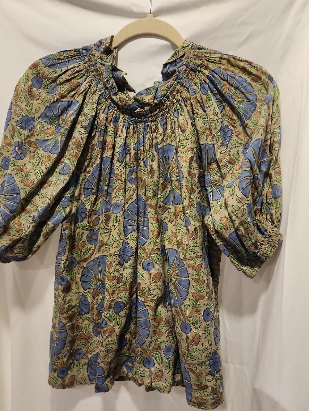 Oliphant Ankara Blue Floral Smocked-Neck Puff Sleeve Blouse S